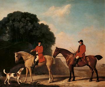 Painting with two riders in red jackets on horses with a dog
